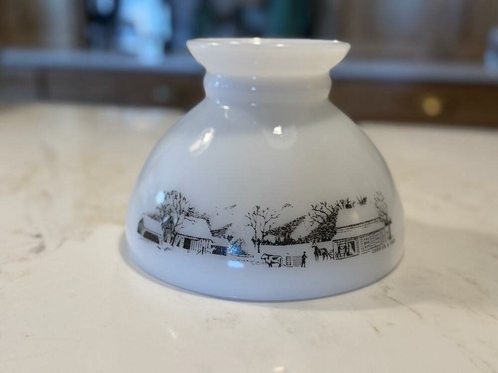 Vintage CURRIER and IVES 8" Milk Glass Shade Winter Farm Scene Lampshade